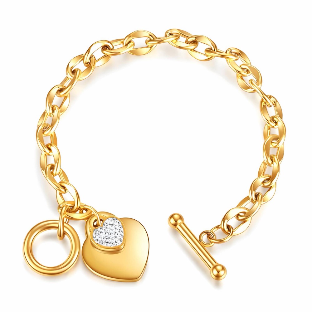 Goldfarbenes Kettenarmband mit Herzanhänger und kleinem Kristall
