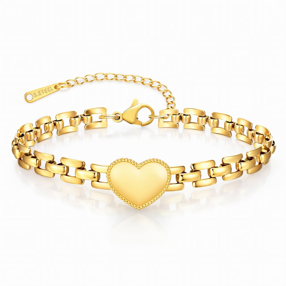 Flaches goldfarbenes Gliederarmband mit poliertem Herzanhänger