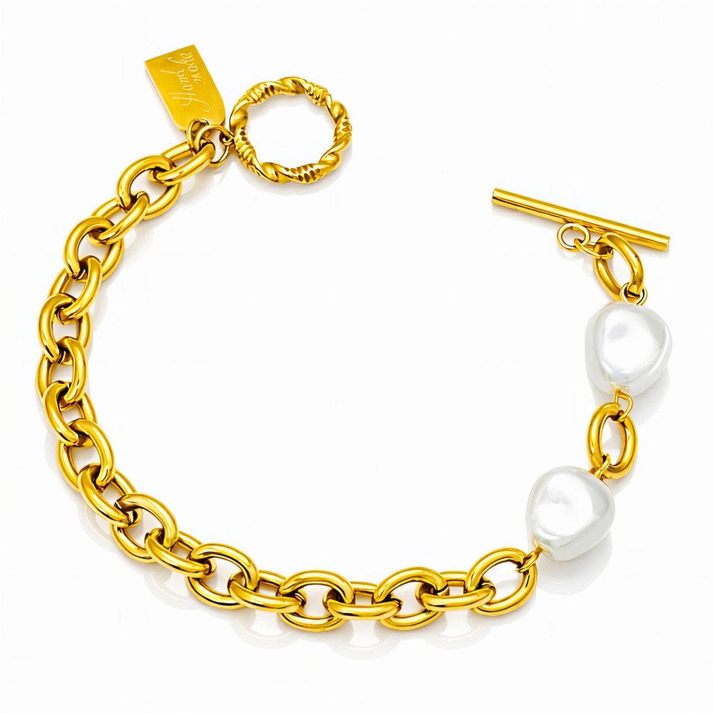Goldfarbenes Ovalgliederarmband mit zwei Perlen und T-Steg-Verschluss
