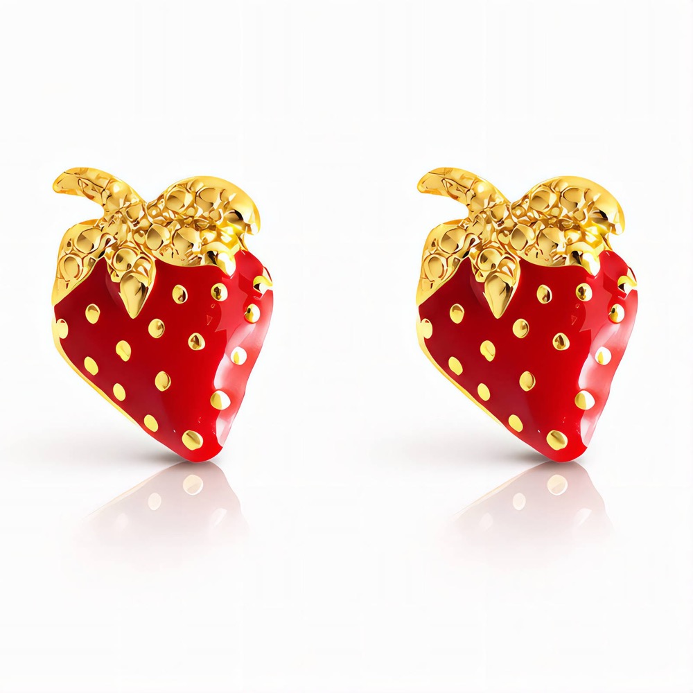Ohrstecker als rote Erdbeeren mit goldfarbenen Blättern
